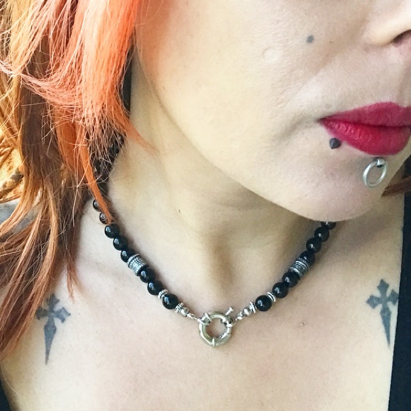 Genuine onyx fancy clasp rodhium cz charm choker - Picture 7 of 8